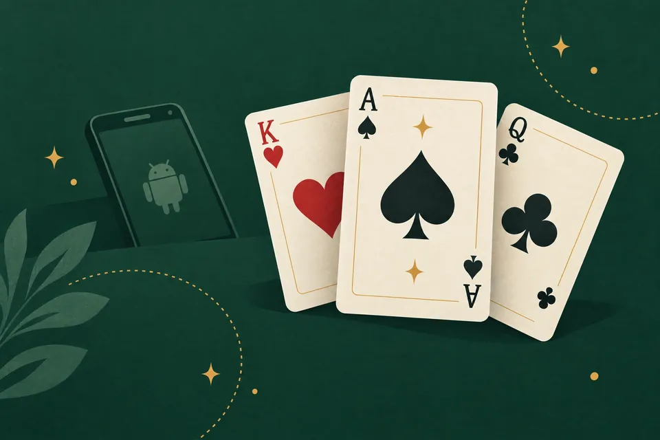 Original educational illustration of three playing cards on a forest-green background